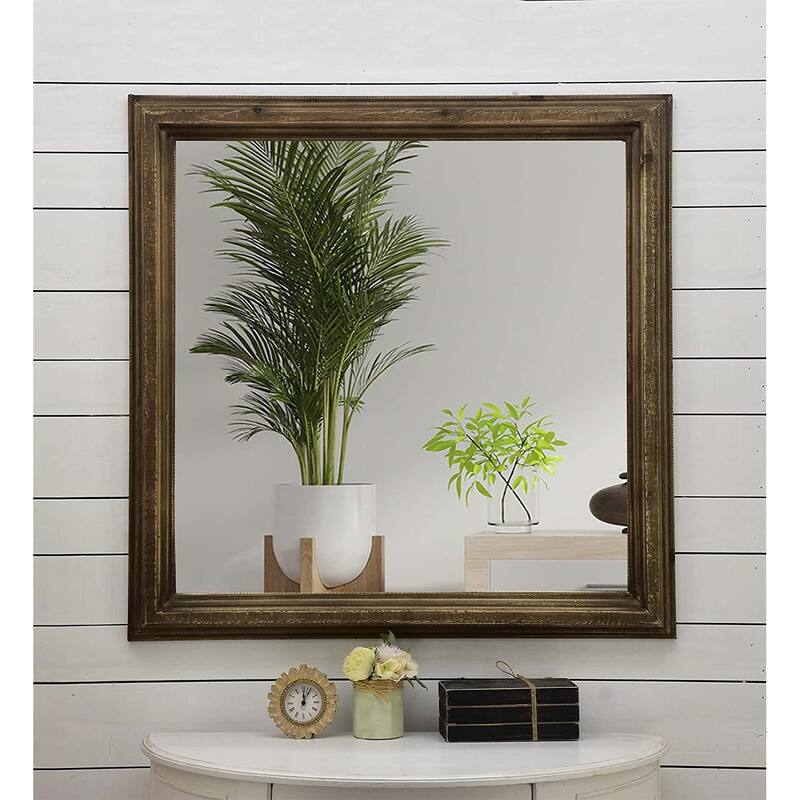 Square Accent Wood Wall Mirror,Farmhouse Style, 32" x 32" ,Brown Bed